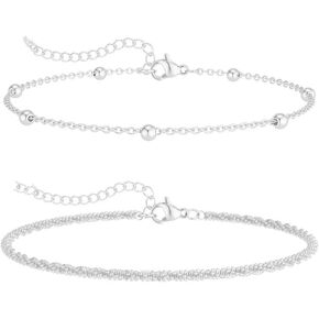 Double Layer Gold Anklet Set for Women Simple Silver Bead Minimalist Foot Jewelry Adjustable Chain Beach Accessories in Saudi Arabia