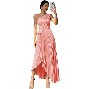 One Shoulder Satin Bridesmaid Dresses for Women Pleated Maxi Formal Evening Dress with Slit L07028 in Saudi Arabia
