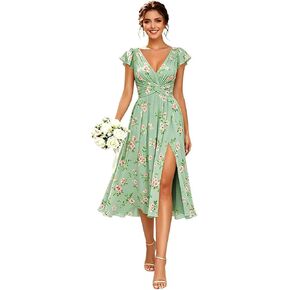 Pleated Chiffon Bridesmaid Dresses for Wedding with Short Sleeve V-Neck Formal Wedding Guest Dress with Pockets in Saudi Arabia