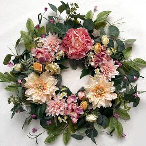 Spring Summer Wreaths for Front Door 18 Inch, Artificial Dahlia Floral Wreath with Dahlia Peony and Daisy, Large Door Wreath for All Seasons Outside Indoor Home Porch Wall Décor in Saudi Arabia