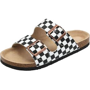 Checkered Sandals for Women Cork Footbed Double Buckle Slip on Slides Women Adjustable Strappy Checkered Print Slide Sandals Comfort Causal Resort Dressy Outdoor Walking in Saudi Arabia