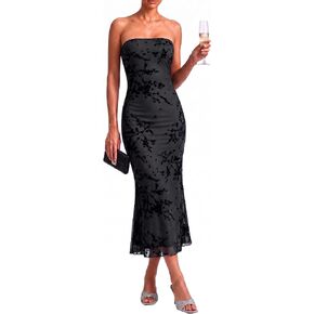 Women's Floral Strapless Maxi Dress 2026 Summer Mesh Tube Bodycon Wedding Guest Cocktail Party Formal Dress in Saudi Arabia