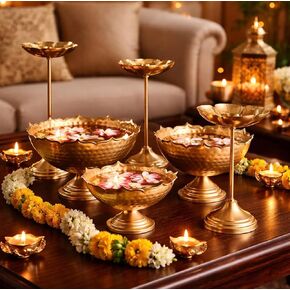 Authentic Taj urli Set Diyas Antique Stand Handcrafted Shape Floating Flower Decorative Lotus Urli Bowls Spiritual lamp Traditional Diwali Festival puja Event Candle Tea Light Metal Brass Gold in Kuwait