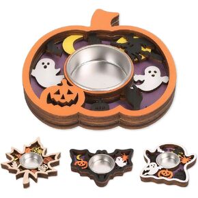 Halloween Tea Light Candle Holders, Wood, 4 Pieces Set with Pumpkin, Bat, Leaf, Ghost Designs (Purple-Pumpkin) in Saudi Arabia