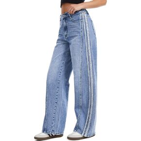 Tapata Women's 28"/30"/32"/34" Wide Leg Jeans Side Stripe Mid-Rise Elastic Waist Denim Pants Trendy Baggy Loose Trousers in Saudi Arabia
