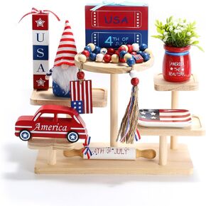 4th of July Decorations Patriotic Tiered Tray Decor Set, 8 Pcs Fourth of July Memorial Day Decorations for Home Office Independence Day Centerpieces for Table Shelf Tray Red White and Blue Decor in Saudi Arabia
