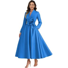 3D Flower Satin Mother of The Bride Dresses Tea Length for Wedding Long Sleeve Formal Evening Gown with Pockets in Saudi Arabia