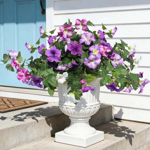 Artificial Fake Flowers Plants for Outdoor UV Resistant, 2PCS Silk Faux Petunias No Fade Summer for Outside Planter Front Door Porch Yard Patio Balcony Realistic Decoration Purple White in Saudi Arabia