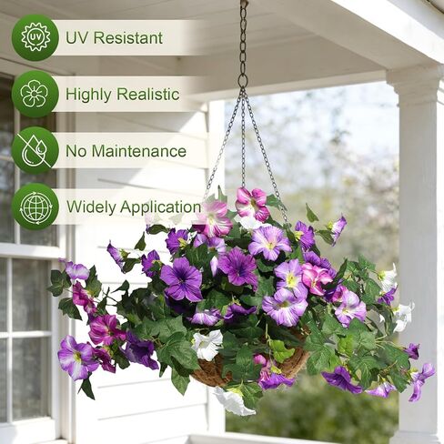 Artificial Fake Flowers Plants for Outdoor UV Resistant, 2PCS Silk Faux Petunias No Fade Summer for Outside Planter Front Door Porch Yard Patio Balcony Realistic Decoration Purple White in Saudi Arabia