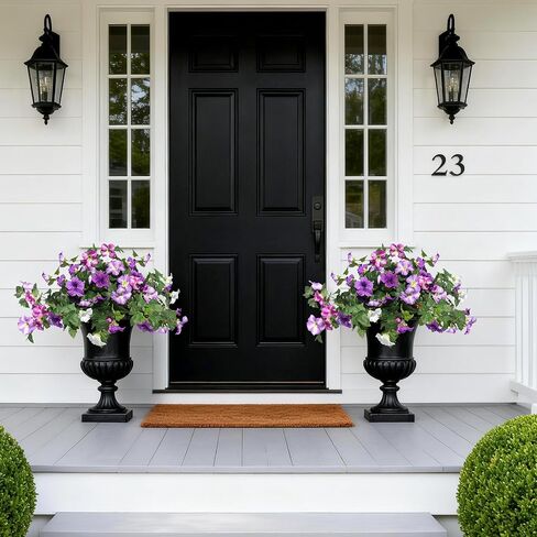 Artificial Fake Flowers Plants for Outdoor UV Resistant, 2PCS Silk Faux Petunias No Fade Summer for Outside Planter Front Door Porch Yard Patio Balcony Realistic Decoration Purple White in Saudi Arabia