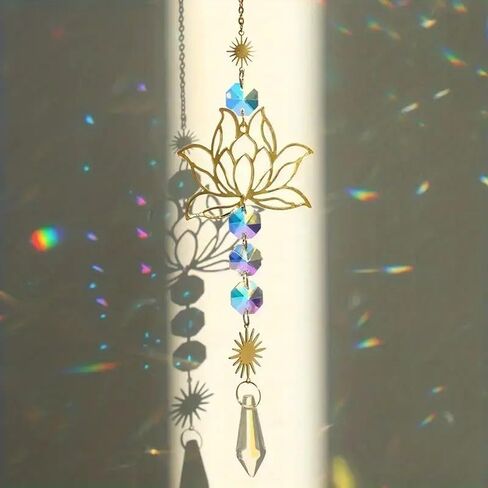 Gold Sun Catcher Lotus Flower & Leaf with Crystal Prisms Rainbow Maker Pendant Window Hanging Ornament for Home Garden Rearview Mirror Charms Gift in Kuwait