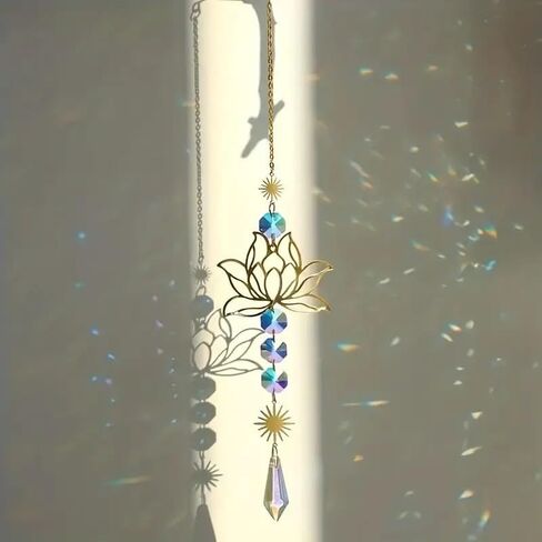 Gold Sun Catcher Lotus Flower & Leaf with Crystal Prisms Rainbow Maker Pendant Window Hanging Ornament for Home Garden Rearview Mirror Charms Gift in Kuwait