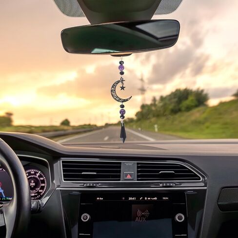 Moon Witchy Car Rearview Mirror Charm - Black Crystal Hanging Ornament Fantasy Rear View Mirror Decoration, Cars Interior Decorations for Women Men, Gift for Goth Lovers in Saudi Arabia