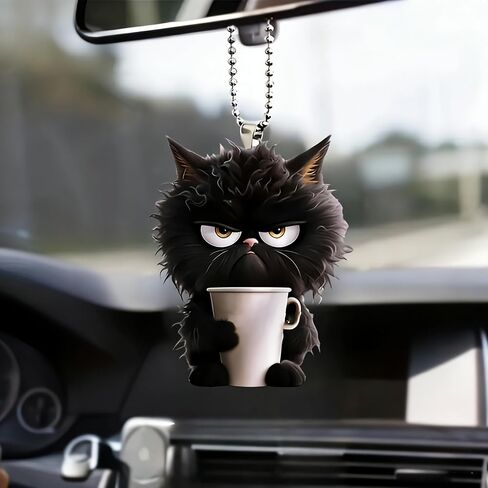 Acrylic Grumpy Black Cat Car Hanging Decor - Cute Pet Pendant for Car/Home | Ideal Gift for Cat Lovers/GJ-58 in Kuwait