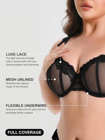 Women's Lace See Through Bra Plus Size Push Up Minimizer Bras for Women Full Coverage Supportive Underwire Unlined in Kuwait