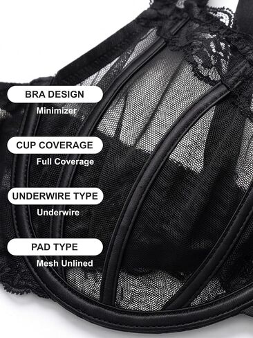 Women's Lace See Through Bra Plus Size Push Up Minimizer Bras for Women Full Coverage Supportive Underwire Unlined in Kuwait