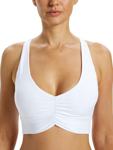 Ruched Front Criss Cross Back Sports Bra Buttery Soft Yoga Tank Padded Low Impact Workout Crop Top Center Pleats in Saudi Arabia
