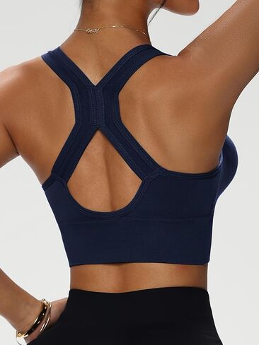 Women's Navy Zip-Front Sports Bra, Crisscross Back Wireless Support Bra in Kuwait