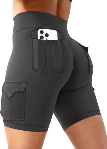 Flamingals Womens Biker Shorts Butt Lifting High Waisted Tummy Control Workout Yoga Sports Cargo Shorts with Pockets in Kuwait