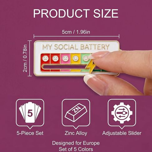 5 Pieces My Social Battery Pin,My Social Battery Slider Pin,Brooch,Pin My,Mood Energy,With An Alloy Sliding Mechanism,Alloy Slider Mechanism For Easy Adjustment in Saudi Arabia