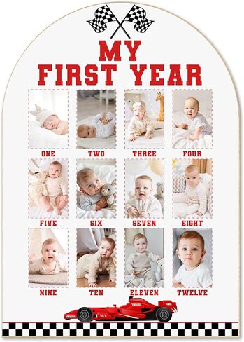 My First Year Photo Board - Race Car Theme, Newborn 12 Months Milestone Wooden Photo Board, First Birthday Decorations, Baby Keepsake Gift Supply (Fit 2x3in Pic) -16 in Kuwait