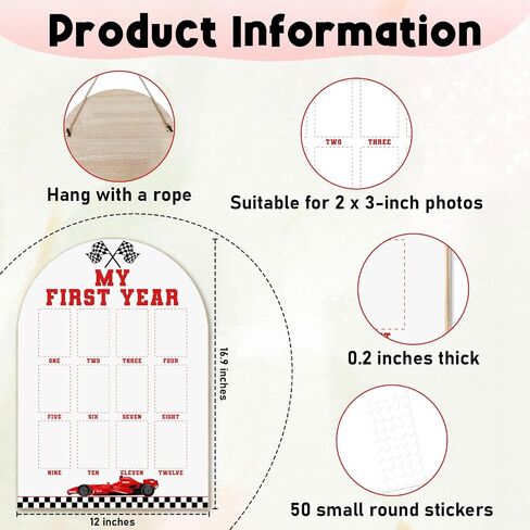 My First Year Photo Board - Race Car Theme, Newborn 12 Months Milestone Wooden Photo Board, First Birthday Decorations, Baby Keepsake Gift Supply (Fit 2x3in Pic) -16 in Kuwait