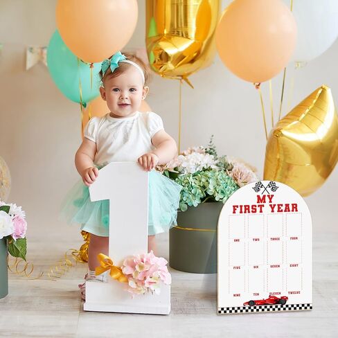 My First Year Photo Board - Race Car Theme, Newborn 12 Months Milestone Wooden Photo Board, First Birthday Decorations, Baby Keepsake Gift Supply (Fit 2x3in Pic) -16 in Kuwait