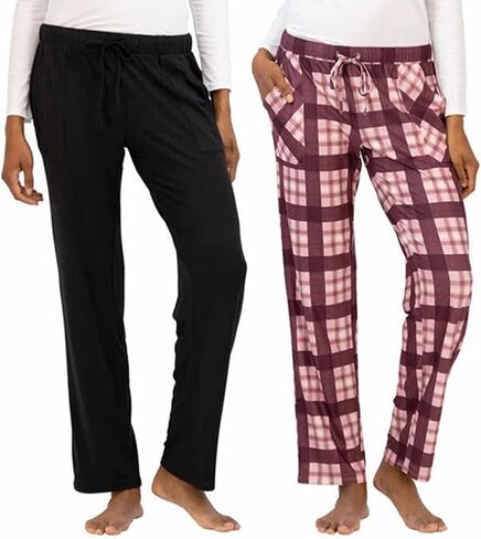 Lucky Brand Women's 2 Pack Straight Leg Lounge Pant with Drawstrings and Pockets (Black/Plaid, Medium) in Saudi Arabia