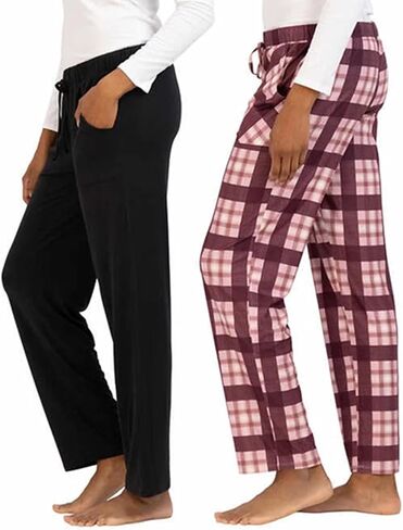 Lucky Brand Women's 2 Pack Straight Leg Lounge Pant with Drawstrings and Pockets (Black/Plaid, Medium) in Saudi Arabia