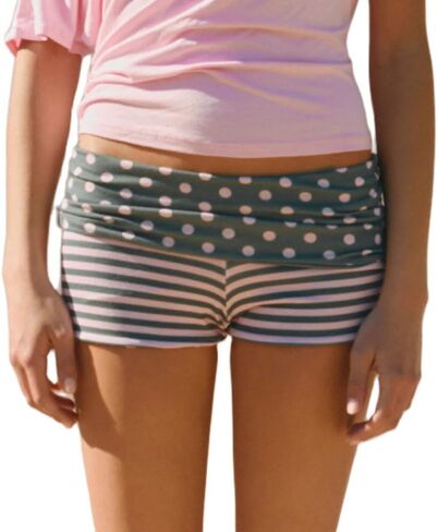 Womens Fold Over Shorts Y2k Polka Dot Striped Slim Fit Micro Mini Shorts Lounge Sleep Pj Yoga Bottoms Streetwear in Saudi Arabia