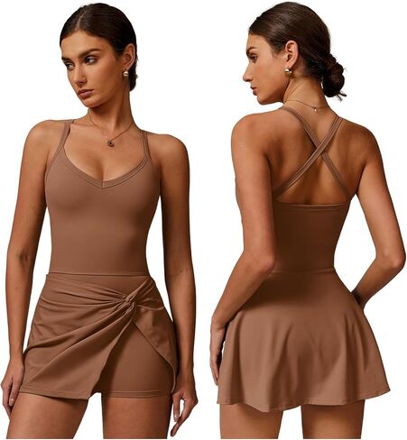 Women's Tennis Dresses Twist Front Split Ruffle Cami Dress with Shorts Golf Active Dress in Kuwait