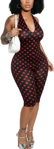 Polka Dot Jumpsuit for Women Halter V Neck Open Back Capri Bodycon Y2K Rompers Sexy Going Out Summer Club Outfits in Saudi Arabia