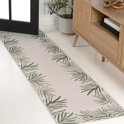 JONATHAN Y Palm Frond Border Indoor Outdoor Runner Rug 2X8 Green/Cream, Isla Coastal Cottage for Backyard, Patio, Porch, Easy-Cleaning, High Traffic, Pet-Friendly, Non-Shedding (TSN207B-28) in Kuwait