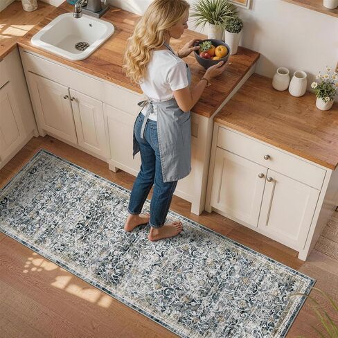 2x6 Machine Washable Runner Rug Kitchen Hallway Area Rug Blue Gold Vintage Boho Floral Ultra Non-Slip Low Pile Soft Faux Wool Carpet Kids and Pets Friendly for Bedroom Entryway Nursery Decor Rug in Saudi Arabia