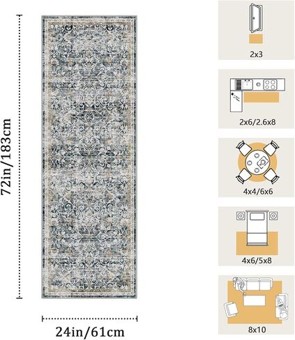 2x6 Machine Washable Runner Rug Kitchen Hallway Area Rug Blue Gold Vintage Boho Floral Ultra Non-Slip Low Pile Soft Faux Wool Carpet Kids and Pets Friendly for Bedroom Entryway Nursery Decor Rug in Saudi Arabia