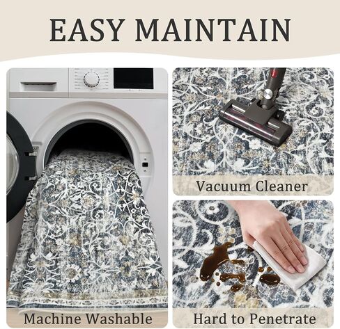 2x6 Machine Washable Runner Rug Kitchen Hallway Area Rug Blue Gold Vintage Boho Floral Ultra Non-Slip Low Pile Soft Faux Wool Carpet Kids and Pets Friendly for Bedroom Entryway Nursery Decor Rug in Saudi Arabia