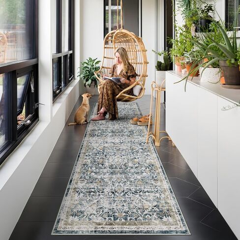 2x6 Machine Washable Runner Rug Kitchen Hallway Area Rug Blue Gold Vintage Boho Floral Ultra Non-Slip Low Pile Soft Faux Wool Carpet Kids and Pets Friendly for Bedroom Entryway Nursery Decor Rug in Saudi Arabia