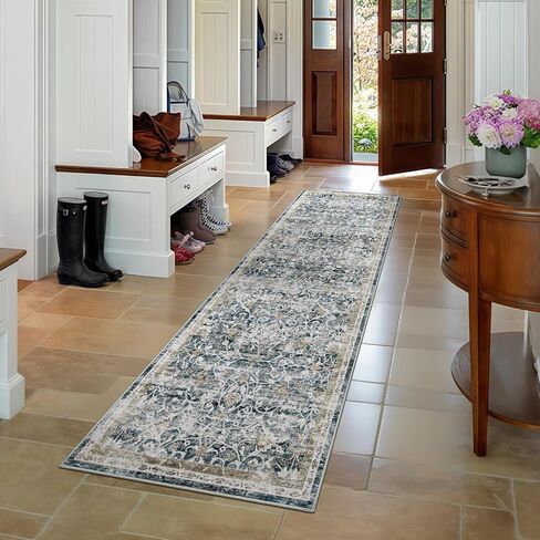2x6 Machine Washable Runner Rug Kitchen Hallway Area Rug Blue Gold Vintage Boho Floral Ultra Non-Slip Low Pile Soft Faux Wool Carpet Kids and Pets Friendly for Bedroom Entryway Nursery Decor Rug in Saudi Arabia