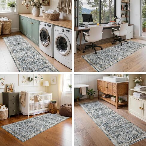 2x6 Machine Washable Runner Rug Kitchen Hallway Area Rug Blue Gold Vintage Boho Floral Ultra Non-Slip Low Pile Soft Faux Wool Carpet Kids and Pets Friendly for Bedroom Entryway Nursery Decor Rug in Saudi Arabia