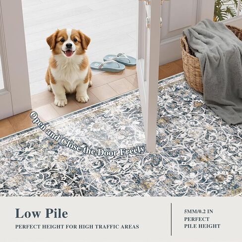 2x6 Machine Washable Runner Rug Kitchen Hallway Area Rug Blue Gold Vintage Boho Floral Ultra Non-Slip Low Pile Soft Faux Wool Carpet Kids and Pets Friendly for Bedroom Entryway Nursery Decor Rug in Saudi Arabia