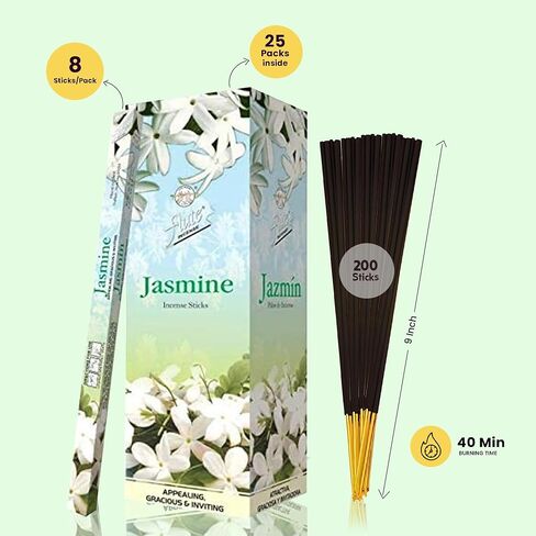 Flute Jasmine Incense Sticks – Floral Incense for Relaxation, Emotional Comfort & Graceful Evenings - 8 Sticks/Pack, 25 Packs/Box (9 Inch, 200 Sticks) | 40 Minutes Burn Time in Saudi Arabia