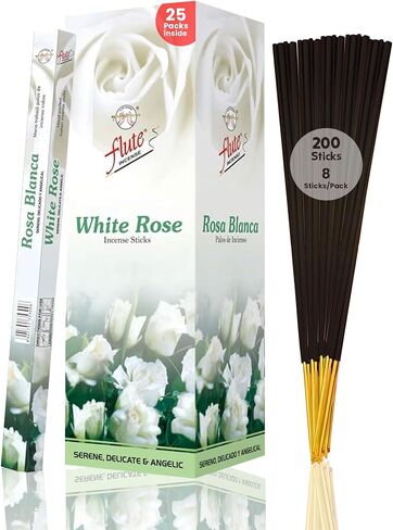 Flute White Rose Incense Sticks – Velvety Floral Fragrance for Inner Peace, Relaxation & Yoga – 8 Sticks/Pack, 25 Packs/Box (9 Inch, 200 Sticks) | 40 Minutes Burn Time in Saudi Arabia