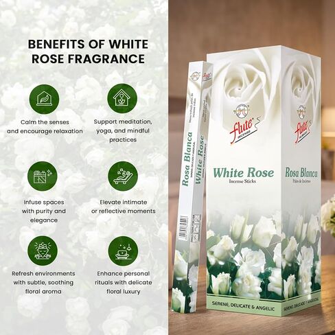 Flute White Rose Incense Sticks – Velvety Floral Fragrance for Inner Peace, Relaxation & Yoga – 8 Sticks/Pack, 25 Packs/Box (9 Inch, 200 Sticks) | 40 Minutes Burn Time in Saudi Arabia