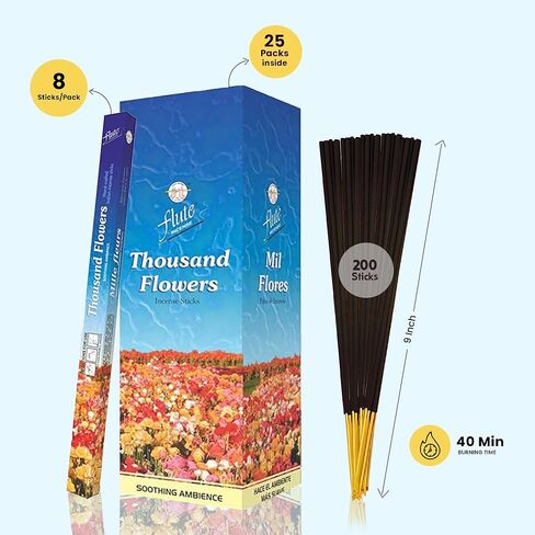 Flute Thousand Flowers Incense Sticks – Floral Incense Sticks for Relaxation, Meditation & Home Fragrance – 8 Sticks/Pack, 25 Packs/Box (9 Inch, 200 Sticks) in Kuwait