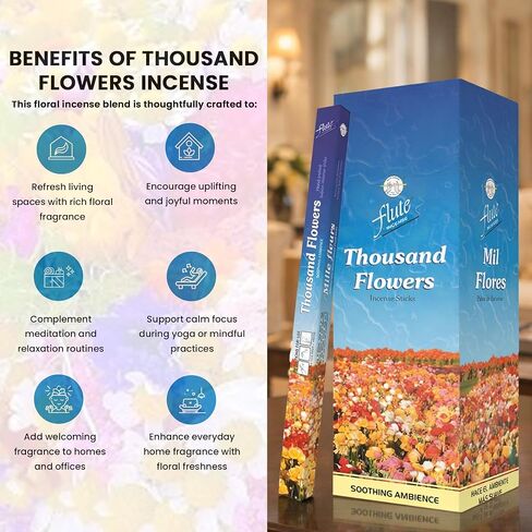 Flute Thousand Flowers Incense Sticks – Floral Incense Sticks for Relaxation, Meditation & Home Fragrance – 8 Sticks/Pack, 25 Packs/Box (9 Inch, 200 Sticks) in Kuwait