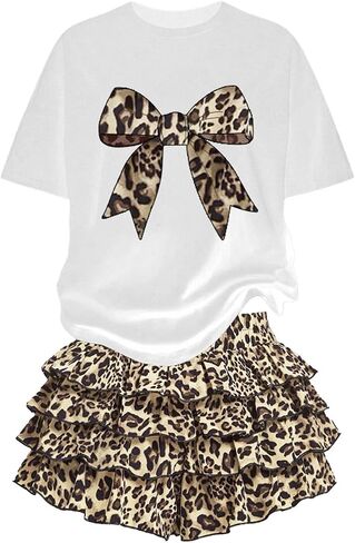 Girls Bow Print Top and Leopard Skirt 2-Piece, Casual Summer Outfit Set, Fashion Clothes for Teen Girl 8-12t in Saudi Arabia