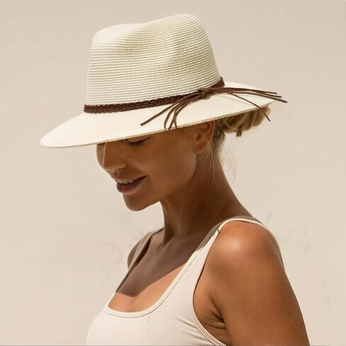 Beige Beach Straw Panama Hat Summer Straw Wide Brim Sun Hat Foldable Fedora Travel Caps for Beach, Hiking, Travel in Kuwait