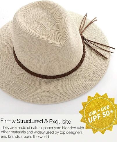 Beige Beach Straw Panama Hat Summer Straw Wide Brim Sun Hat Foldable Fedora Travel Caps for Beach, Hiking, Travel in Kuwait