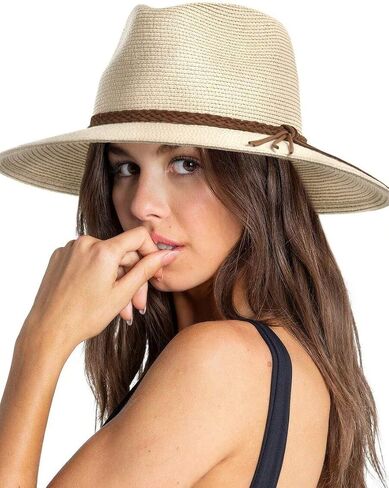 Beige Beach Straw Panama Hat Summer Straw Wide Brim Sun Hat Foldable Fedora Travel Caps for Beach, Hiking, Travel in Kuwait