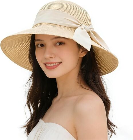 Foldable Wide Brim Straw Sun Hat for Women, UV Protection Packable Travel Summer Beach Hat Cream Color Lightweight Outdoor Festival Sun Hat in Kuwait